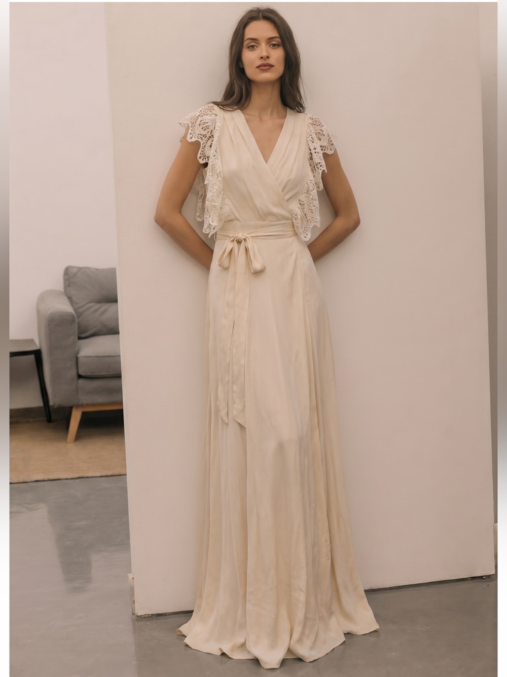 Jen's Pirate Booty Cream Lace-Sleeve Wrap Maxi Dress S